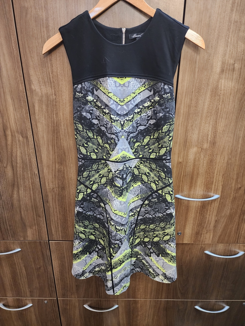 Kenneth Cole Black and Yellow Snake-Print Fit & Flare Dress